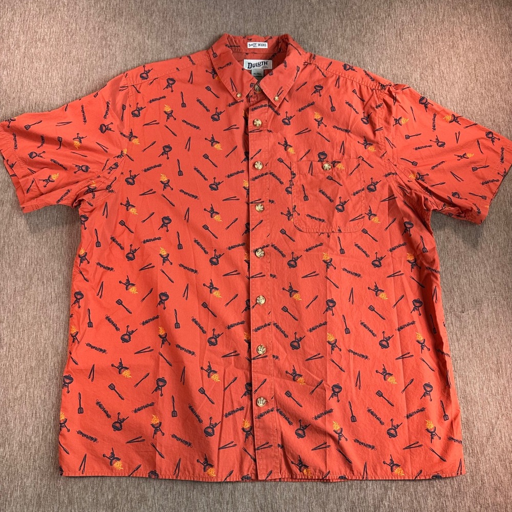 Duluth Trading Co BBQ Print Shirt Mens XL Tall Relaxed Fit Untucked Orange Red